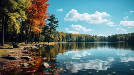 Autumn lake landscape with colorful trees and blue sky with clouds.の素材