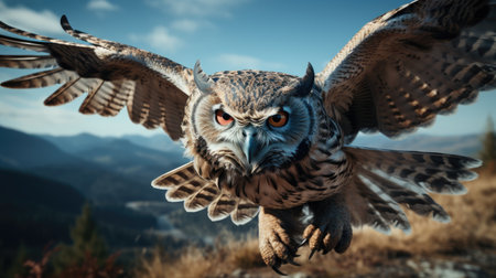 Eagle Owl flying in the mountains. 3D Rendering.の素材