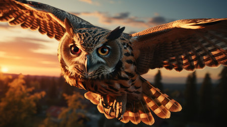 Owl at sunset. 3D render. Bird of prey.の素材