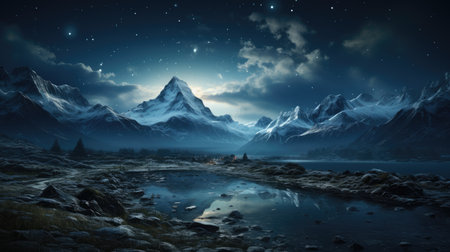 Fantasy landscape with mountains and lake at night. 3D renderingの素材