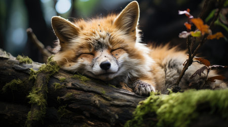 red fox sleeping on a log in the forest, close-upの素材