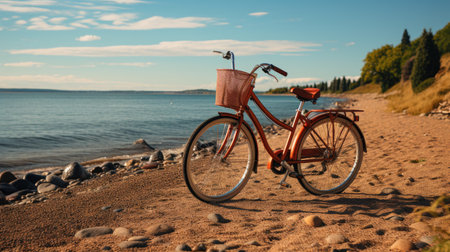 Vintage bicycle on the beach at sunset. Beautiful summer landscape.の素材