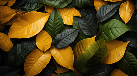 Background of green and yellow leaves. Top view, flat lay.の素材