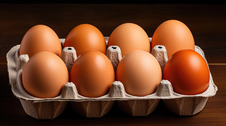 Eggs in a cardboard box on a dark wooden background.の素材