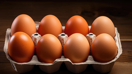Eggs in a cardboard box on a wooden background. Selective focus.の素材