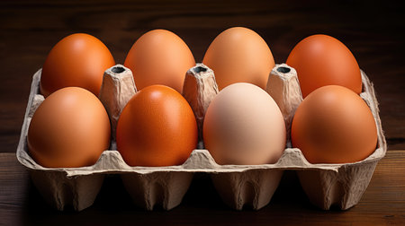 Eggs in a cardboard box on a wooden background. Close-up.の素材