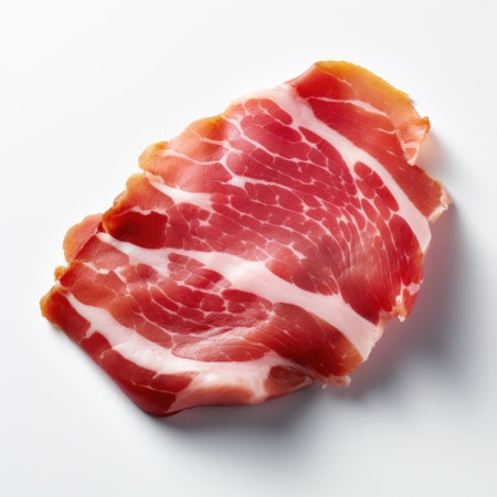 Slices of bacon isolated on white background. Top view.の素材