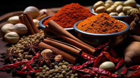 Spices and herbs on wooden background. Food and cuisine ingredients.の素材