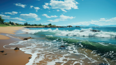 Beautiful seascape with waves on the sandy beach and blue skyの素材
