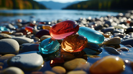 Colorful glass stones on the shore of a lake with reflection in waterの素材
