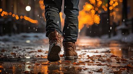 Man walking in the rain on the street at night, close upの素材