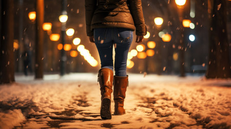 Young woman walking in the winter city at night with snowflakesの素材