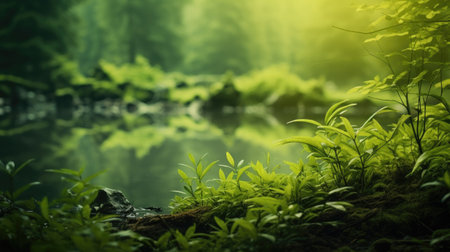 green leaves in the forest at sunset. soft focus. nature backgroundの素材