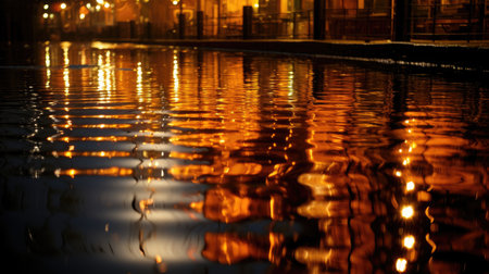Reflection of buildings in the water at night. Shallow depth of field.の素材