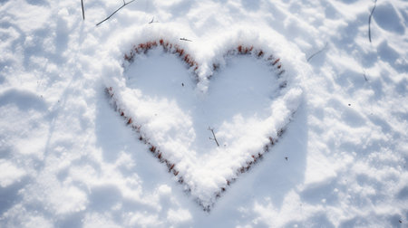Heart shape on white snow in winter forest. Love and romance concept.の素材