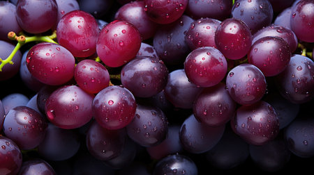 Bunch of fresh ripe red grapes with water drops on black backgroundの素材