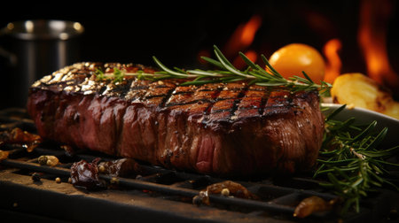 Grilled beef steak on grill pan with rosemary, closeupの素材