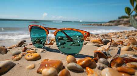 Sunglasses on the beach with sea and blue sky background.の素材