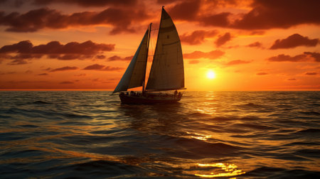Sailing boat on the sea at sunset. Beautiful seascape.の素材