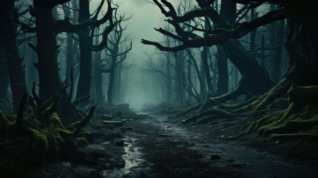 Scary dark forest in a foggy day. Halloween concept.の素材