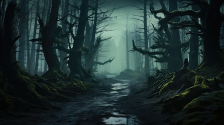 Mysterious dark forest with fog. Halloween concept. 3D Renderingの素材