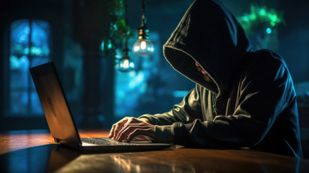 Hooded hacker stealing information from a laptop in a dark roomの素材