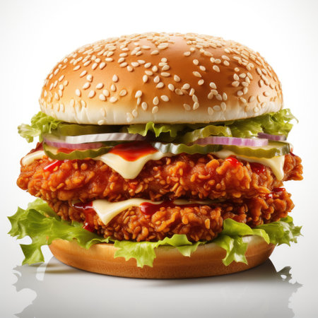 Big hamburger with meat and vegetables isolated on a white background.の素材