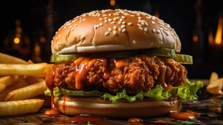 Big tasty cheeseburger with ketchup and french fries on dark backgroundの素材