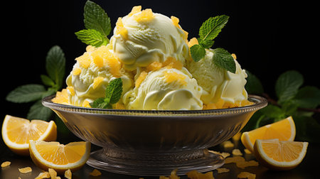 Scoops of ice cream with lemon and mint on a black backgroundの素材