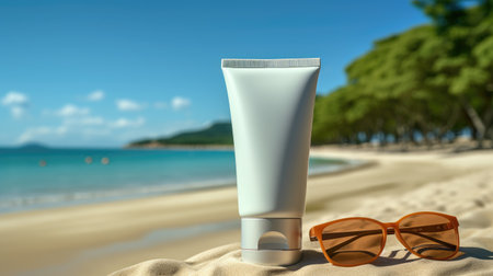 Sunscreen cream with sunglasses on the beach. 3d illustration.の素材