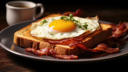 Toast with fried egg, bacon and coffee on dark wooden backgroundの素材