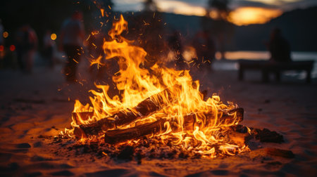 Burning fire on the beach in the evening. Close-up.の素材