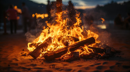 Bonfire on the beach in the evening. Selective focus on the fireの素材