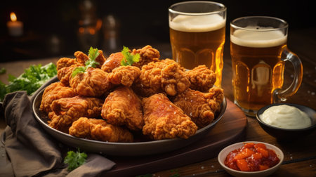 Fried chicken wings with ketchup and beer on a wooden tableの素材