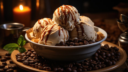 Vanilla ice cream with caramel sauce and coffee beans in a bowlの素材