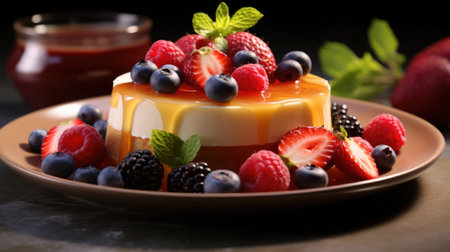 Panna cotta with fresh berries and strawberry sauce on dark backgroundの素材