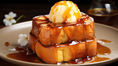 Honey toast with ice cream and caramel sauce on a wooden tableの素材