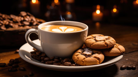 Cup of coffee with cookies and coffee beans on a wooden tableの素材