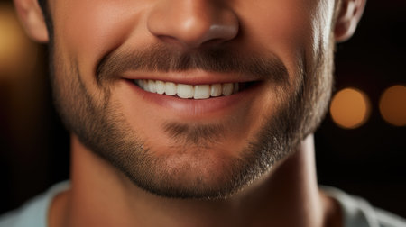 cropped view of smiling man with braces on teeth, blurred backgroundの素材