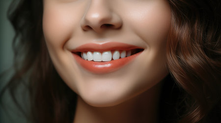 Close-up portrait of a beautiful young woman with white teeth.の素材