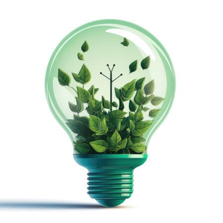 Ecology concept. Green light bulb with plant inside isolated on white backgroundの素材