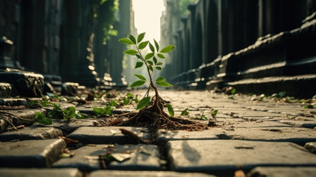 Green sprout growing out of the cobblestone road in Bangkok, Thailandの素材
