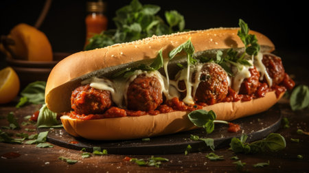 Hot dog with meatballs and mozzarella on a wooden tableの素材