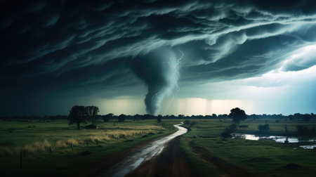 Thunderstorm with lightning in the field. 3d render illustration.の素材