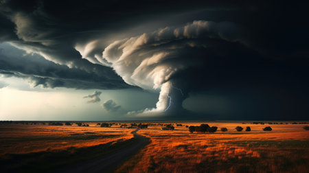 Storm in the steppe. Panoramic view of stormy skyの素材