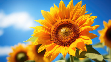 Sunflower field over cloudy blue sky background. Shallow depth of field.の素材