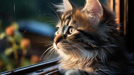 Siberian kitten looking out the window. Selective focus.の素材