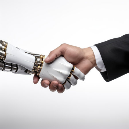 Handshake of two robots. Isolated on a white background.の素材