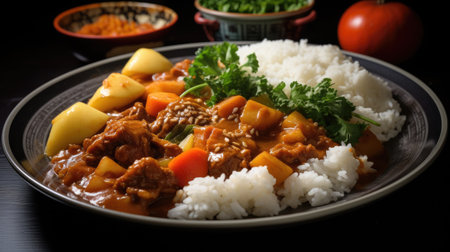 pork curry with rice and vegetables on a black background. Chinese cuisineの素材