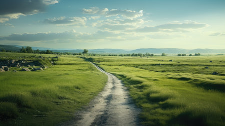 Rural landscape with a dirt road in the middle of the fieldの素材